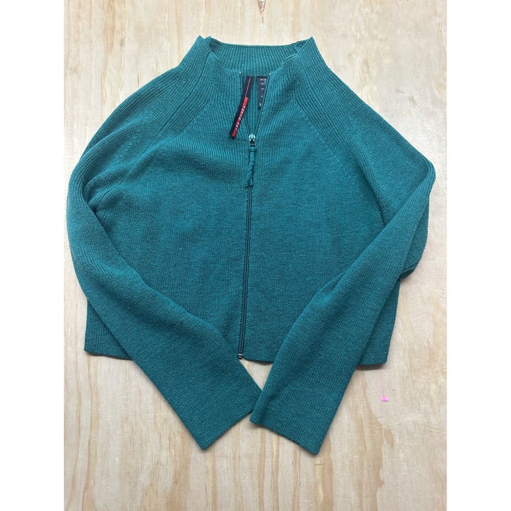 Ana Nonza Teal Green Wool Blend Ribbed Mock Neck Full Zip Cardigan Sweater L